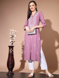 ANGITA Women Chikan Embroidery Straight Kurta