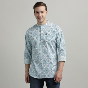 IndoCotton Men Geometric Print Straight Kurta