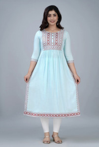 USSMA Women Printed, Embroidered Straight Kurta