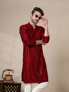 ADHIRAJAN Men Chikan Embroidery Straight Kurta