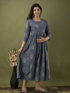HYTEN Women Gown Grey, Gold Midi/Calf Length Dress