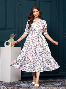 TEESHA Women Fit and Flare White, Grey Dress
