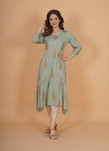 INDIANIC Women A-line Green Midi/Calf Length Dress