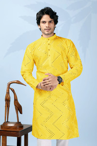 ORIFAB Men Chikan Embroidery Straight Kurta