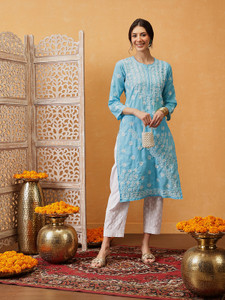 ADA Women Chikan Embroidery, Embroidered Straight Kurta