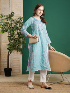 ADA Women Chikan Embroidery Straight Kurta