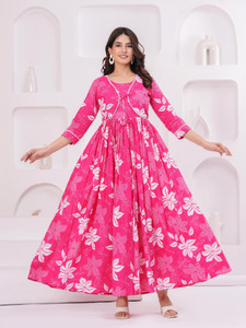 SHANSH Women A-line Pink, White Maxi/Full Length Dress