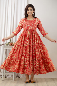 VARICOS Women Block Print Flared Kurta