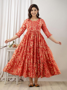 VARICOS Women Block Print Flared Kurta