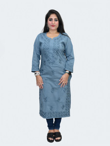 Narayani Collections Women Chikan Embroidery Straight Kurta