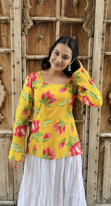 Shions Casual Floral Print Women Yellow Top