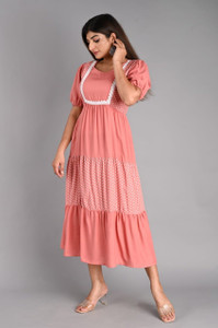 Sheffali Creation Women Fit and Flare Pink, White Midi/Calf Length Dress