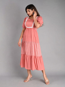 Sheffali Creation Women Fit and Flare Pink, White Midi/Calf Length Dress