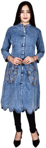 डेनिम कुर्तीज़ महिलाओं के लिए एम्ब्रॉइडरेड A-लाइन कुर्ता