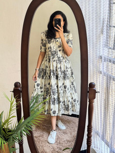 hbkart Women Fit and Flare Black, White Midi/Calf Length Dress