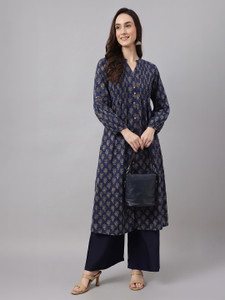Janasya Floral Print Pure Cotton Straight Kurta (Multicolor) - Image 1
