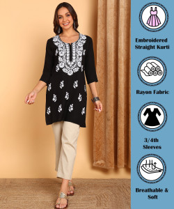 TOP N THREAD Women Chikan Embroidery, Embroidered, Self Design Straight Kurta