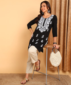 TOP N THREAD Women Chikan Embroidery, Embroidered, Self Design Straight Kurta