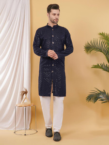 ADHIRAJAN Men Chikan Embroidery Straight Kurta