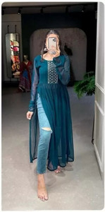 dhyan creation Women Solid, Embroidered Flared Kurta