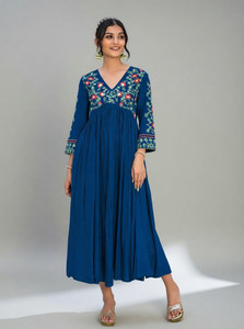 irtiqa Women Gathered Blue Ankle Length Dress