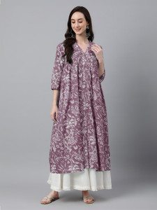 Janasya Women Floral Print, Printed Flared Kurta