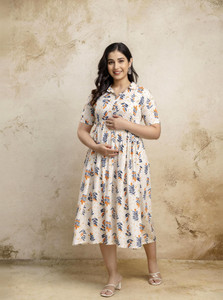 Mialo fashion Women Fit and Flare Beige Below Knee Dress