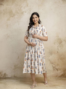 Mialo fashion Women Fit and Flare Beige Midi/Calf Length Dress