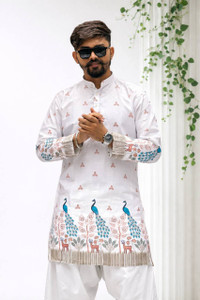 SANJU Men White Printed Straight Kurta - Image 6