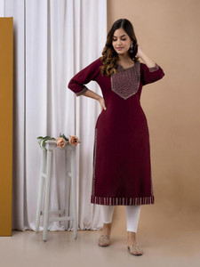 his&her Women Embroidered Straight Kurta