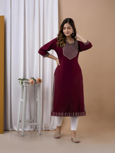 his&her Women Embroidered Straight Kurta