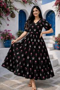 PRANJAYA Women Fit and Flare Black Maxi/Full Length Dress