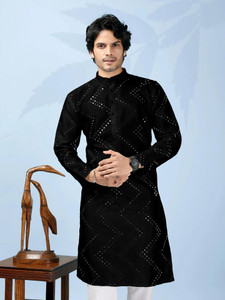 ORIFAB Men Chikan Embroidery Straight Kurta