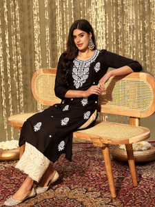 Indo Era Women Chikan Embroidery Straight Kurta