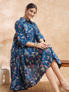 Demirner Women Fit and Flare Blue Knee Length Dress