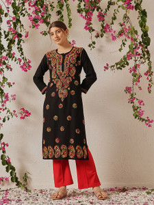 ADA Women Chikan Embroidery, Embroidered, Paisley Straight Kurta