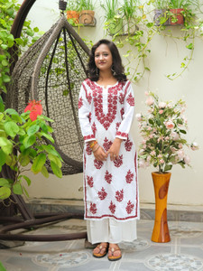 Elegance Hub Women Chikan Embroidery A-line Kurta