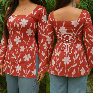 SANGOURI Casual Floral Print Women Red Top