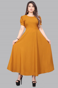 ANTRA Women Fit and Flare Gold Maxi/Full Length Dress