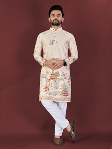 Lady Berry Men Printed, Embellished, Floral Print, Striped Straight Kurta