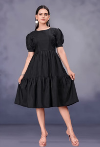 RILAKE Women Fit and Flare Black Below Knee Dress