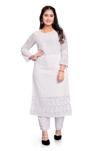ZAZADIYA Women Chikan Embroidery Straight Kurta
