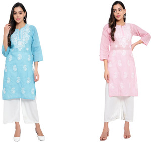 Fashion Point Women Chikan Embroidery Straight Kurta