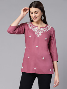 QAZMI Women's Short Kurti – Rayon Cotton Embroidered Tunic Top For Casual & Festive Wear - View #9