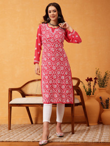 ADA Women Chikan Embroidery, Embroidered, Paisley Straight Kurta