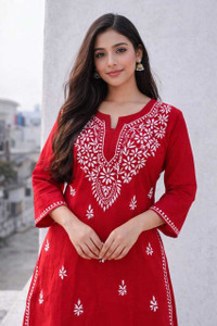 TRENDINAARI Women Chikan Embroidery Straight Kurta