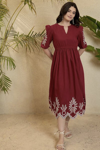 Zeyova Women Fit and Flare Red Midi/Calf Length Dress