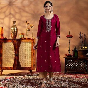 RARE THREAD Women Embroidered A-line Kurta