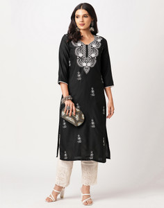 Skylee Women Chikan Embroidery, Embellished, Dyed/Ombre, Self Design Straight Kurta