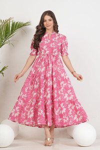 misfitsishan Women Gown Pink, White Ankle Length Dress
